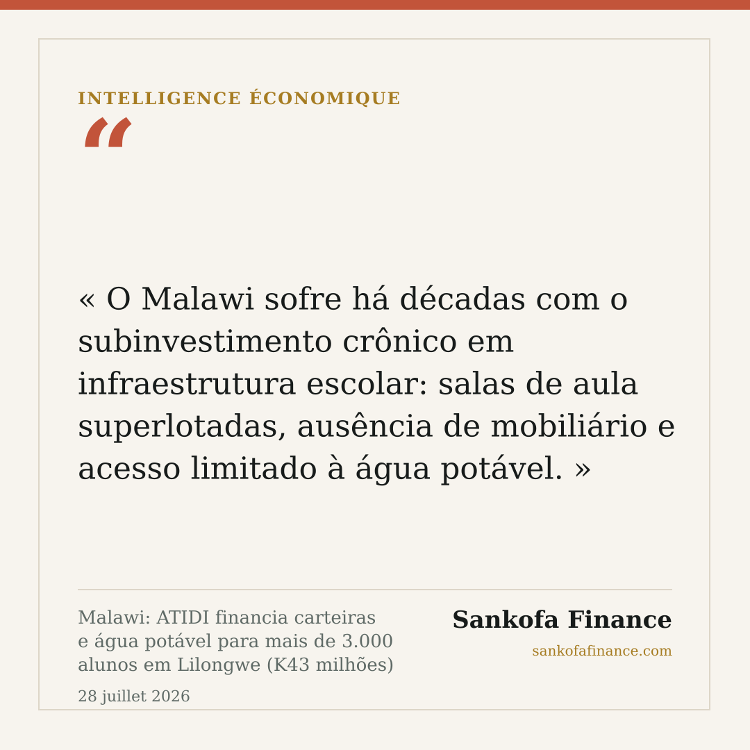 Malawi: ATIDI financia carteiras e água potável para mais de 3.000 alunos em Lilongwe (K43 milhões)